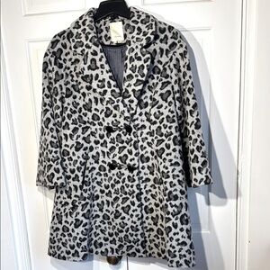 Anthropology Elevenses Black and Gray Pea Coat with Animal Print EUC